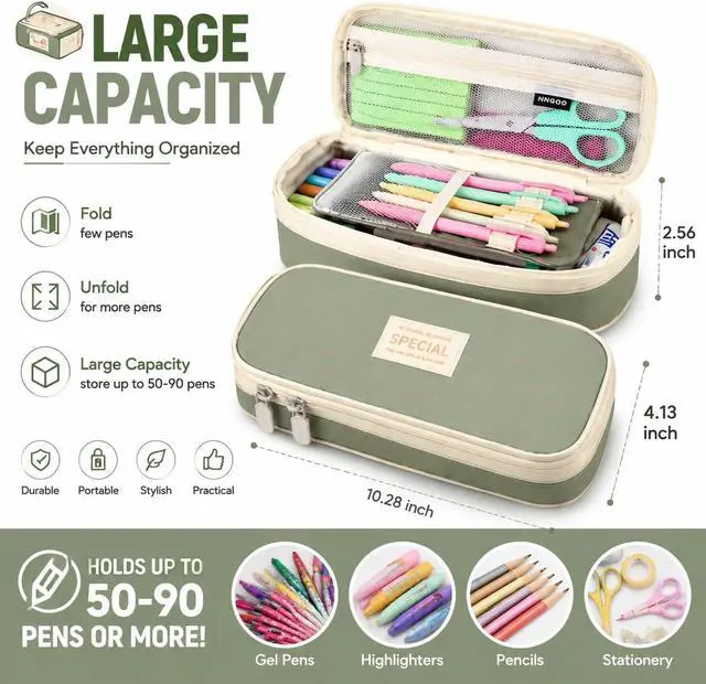 Alt view image 2 of 7 - PUPTILY Pencil Case, Large Capacity Aesthetic Pencil Cases with Durable Zipper, Big Stationery Pencil Pouch for Women & Men, Adults Portable Storage Organizer Bag for College, Office, Travel (Green)