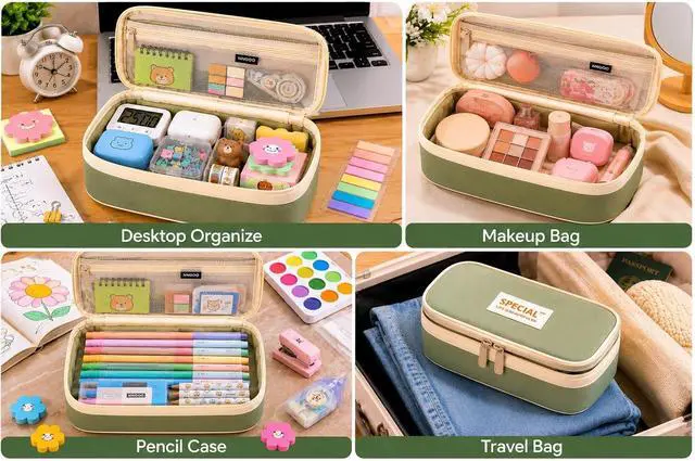 Alt view image 6 of 7 - PUPTILY Pencil Case, Large Capacity Aesthetic Pencil Cases with Durable Zipper, Big Stationery Pencil Pouch for Women & Men, Adults Portable Storage Organizer Bag for College, Office, Travel (Green)