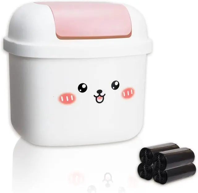 Main image of Small Trash Can with Lid, Cute Mini Desktop Waste Bin with 80 Garbage Bags | Wastebasket, Plastic Rubbish Storage Dustbin for Office Bedroom Kitchen, White