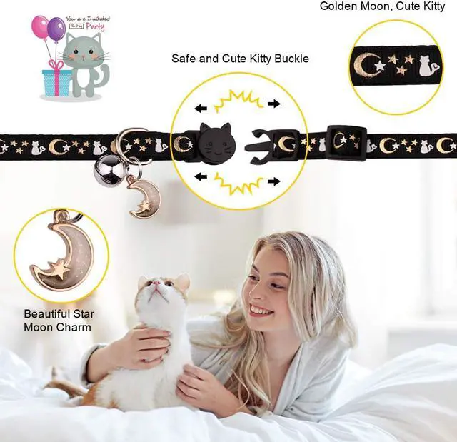Alt view image 4 of 7 - Baeuppit 2PCS Breakaway Cat Collars with Bell Moons Stars Cute Kitty Adjustable Safe Kitten Collars with Pendant Glow in The Dark(Black&Pink)