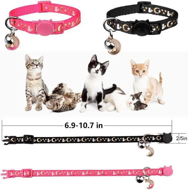 Alt view image 5 of 7 - Baeuppit 2PCS Breakaway Cat Collars with Bell Moons Stars Cute Kitty Adjustable Safe Kitten Collars with Pendant Glow in The Dark(Black&Pink)