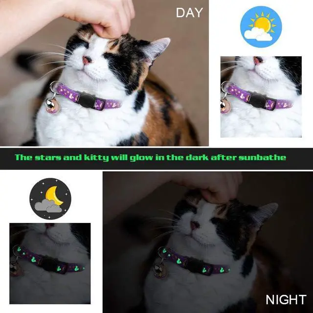 Alt view image 7 of 7 - Baeuppit 2PCS Breakaway Cat Collars with Bell Moons Stars Cute Kitty Adjustable Safe Kitten Collars with Pendant Glow in The Dark(Black&Pink)