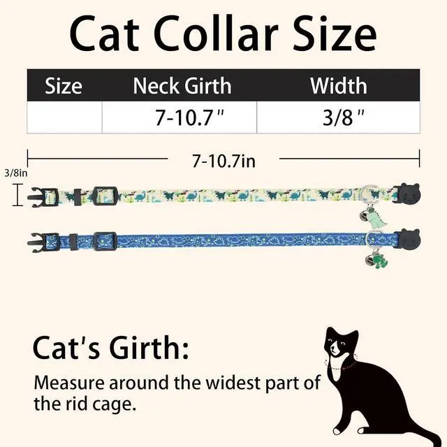 Alt view image 5 of 7 - Cat Collars for Boy Cats, 2 Pack Breakaway Cotton Kitten Collar with Bells and Removable Charms, Cute Dinosaurs Shaped