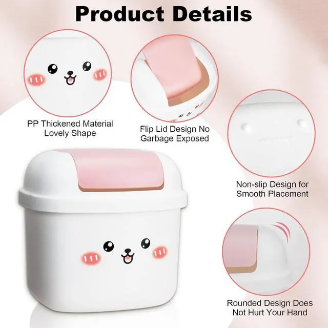 Alt view image 3 of 7 - Small Trash Can with Lid, Cute Mini Desktop Waste Bin with 80 Garbage Bags | Wastebasket, Plastic Rubbish Storage Dustbin for Office Bedroom Kitchen, White