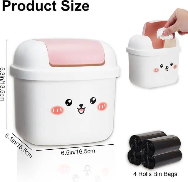 Alt view image 2 of 7 - Small Trash Can with Lid, Cute Mini Desktop Waste Bin with 80 Garbage Bags | Wastebasket, Plastic Rubbish Storage Dustbin for Office Bedroom Kitchen, White