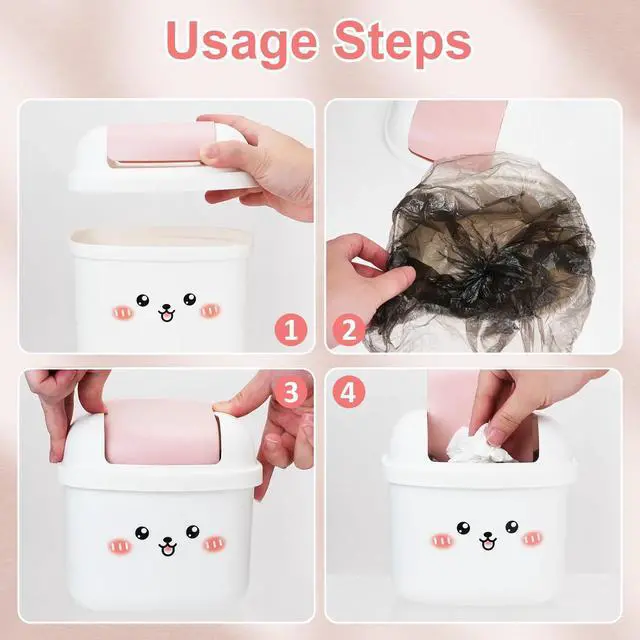 Alt view image 4 of 7 - Small Trash Can with Lid, Cute Mini Desktop Waste Bin with 80 Garbage Bags | Wastebasket, Plastic Rubbish Storage Dustbin for Office Bedroom Kitchen, White