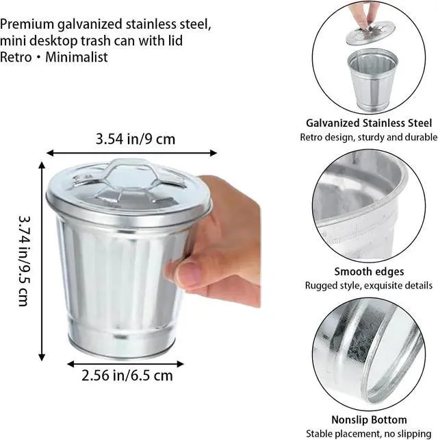 Alt view image 2 of 7 - 1 Pc Mini Galvanized Trash Can with Lid, 3.74", Silver, Desktop Organizer | Mini Desk Trash Garbage Can, Small Metal Buckets with Lids, Small Tabletop Metal Rubbish Bin, Flower Pot Pen Holder