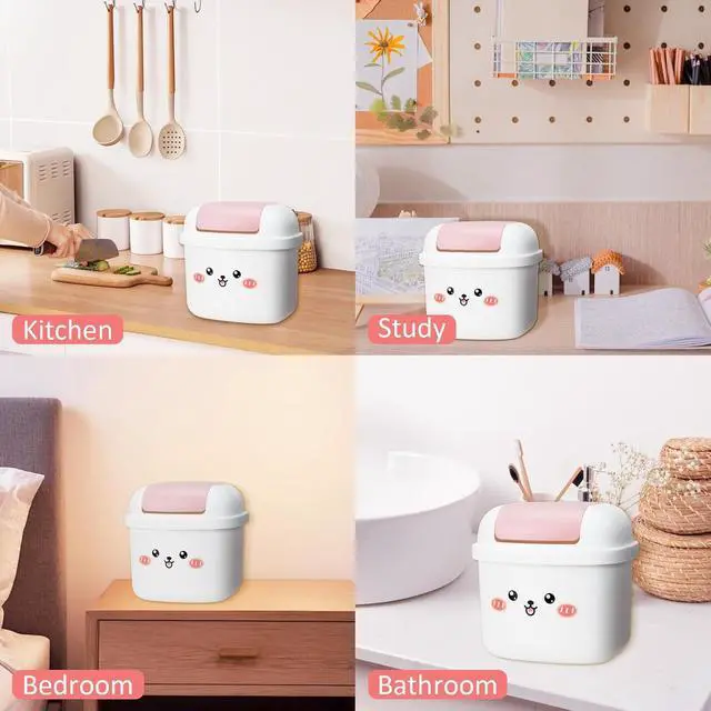 Alt view image 5 of 7 - Small Trash Can with Lid, Cute Mini Desktop Waste Bin with 80 Garbage Bags | Wastebasket, Plastic Rubbish Storage Dustbin for Office Bedroom Kitchen, White