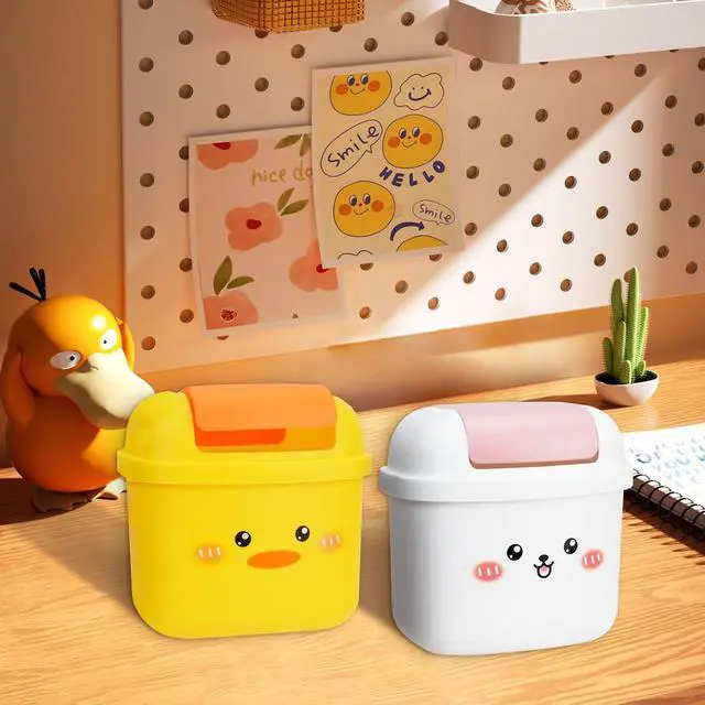 Alt view image 6 of 7 - Small Trash Can with Lid, Cute Mini Desktop Waste Bin with 80 Garbage Bags | Wastebasket, Plastic Rubbish Storage Dustbin for Office Bedroom Kitchen, White