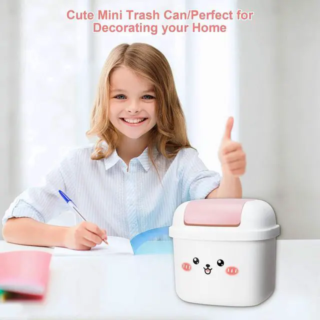 Alt view image 7 of 7 - Small Trash Can with Lid, Cute Mini Desktop Waste Bin with 80 Garbage Bags | Wastebasket, Plastic Rubbish Storage Dustbin for Office Bedroom Kitchen, White