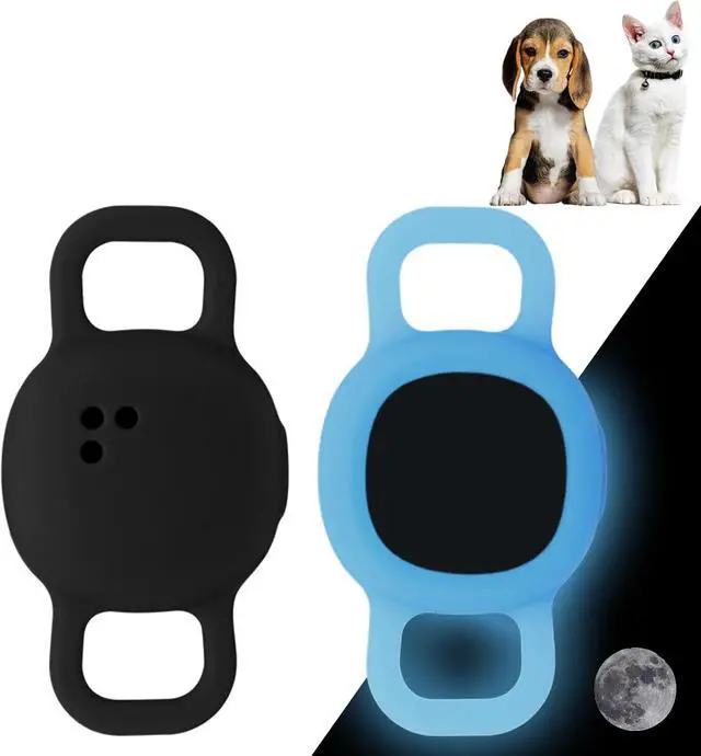 Main image of Silicone Cat Collar Holder for Tile Sticker 2024, 2 Pack Protective Case for Tile Sticker Tracker Pet Dog Cat (Black/Luminous Blue)