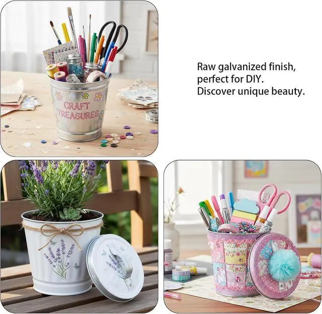 Alt view image 6 of 7 - 1 Pc Mini Galvanized Trash Can with Lid, 3.74", Silver, Desktop Organizer | Mini Desk Trash Garbage Can, Small Metal Buckets with Lids, Small Tabletop Metal Rubbish Bin, Flower Pot Pen Holder