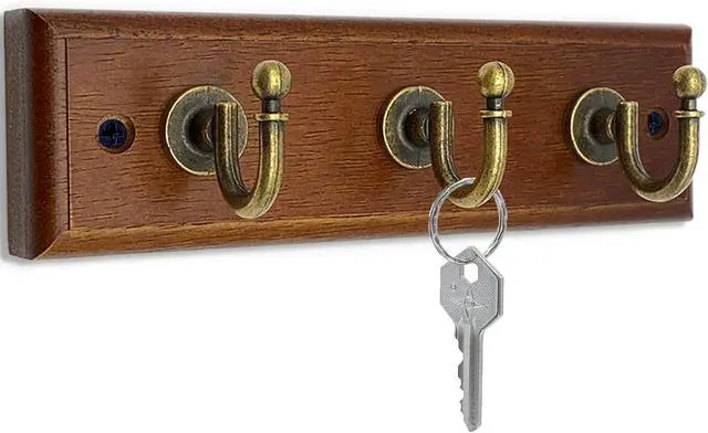 Main image of 6.7 inch Wooden Key Holder for Wall, Decorative Key Rack with 3 Hooks | 1-Pack, Brown, Retro Metal Hooks, Natural Solid Wood