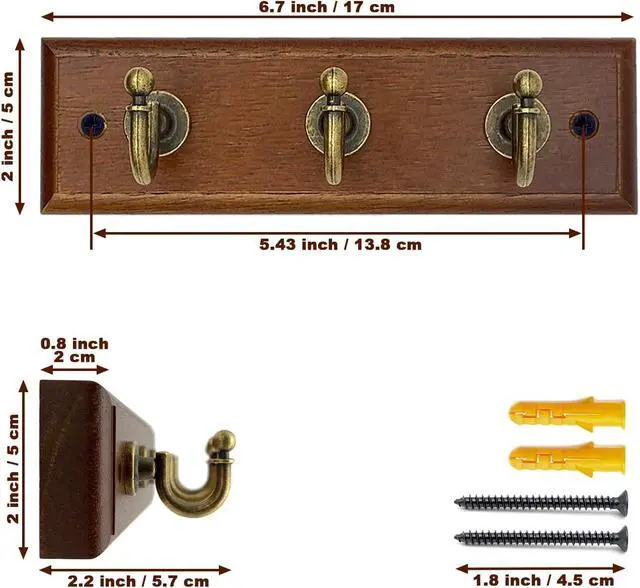 Alt view image 2 of 6 - 6.7 inch Wooden Key Holder for Wall, Decorative Key Rack with 3 Hooks | 1-Pack, Brown, Retro Metal Hooks, Natural Solid Wood