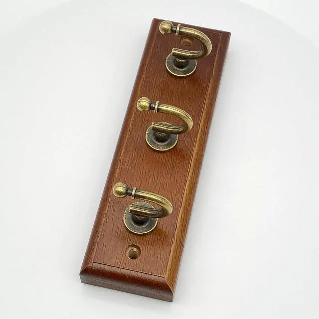 Alt view image 6 of 6 - 6.7 inch Wooden Key Holder for Wall, Decorative Key Rack with 3 Hooks | 1-Pack, Brown, Retro Metal Hooks, Natural Solid Wood