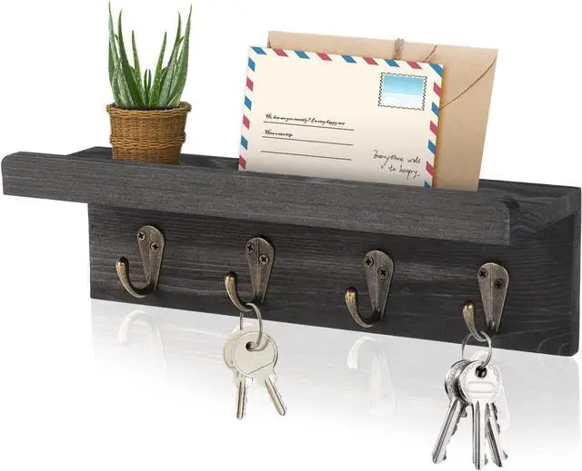 Main image of HRONRAD Rustic Key Holder for Wall, Farmhouse Wall Shelf with 4 Hooks, Wall Mounted Key Racks, Wooden Mail Organizer with Hooks for Entryway (Black - Pine)
