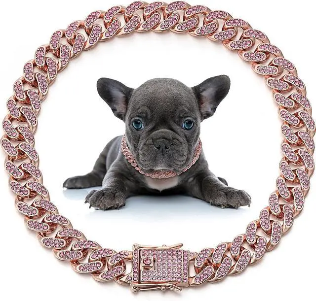 Main image of LEIFIDE Cuban Link Dog Collar Chain 12mm,8 Inch,Rose Gold, Pink | Crystal Pet Necklace for Small Medium Large Cat Dogs, Metal Secure Clasp, Fashion Jewelry Style, Great Chain Gift for Pets