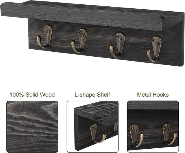 Alt view image 3 of 7 - HRONRAD Rustic Key Holder for Wall, Farmhouse Wall Shelf with 4 Hooks, Wall Mounted Key Racks, Wooden Mail Organizer with Hooks for Entryway (Black - Pine)