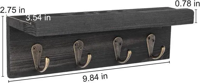 Alt view image 6 of 7 - HRONRAD Rustic Key Holder for Wall, Farmhouse Wall Shelf with 4 Hooks, Wall Mounted Key Racks, Wooden Mail Organizer with Hooks for Entryway (Black - Pine)