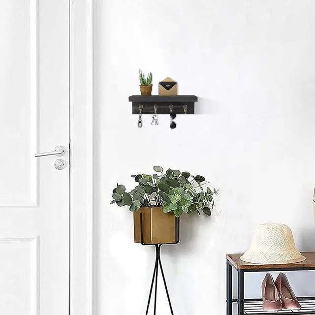 Alt view image 5 of 7 - HRONRAD Rustic Key Holder for Wall, Farmhouse Wall Shelf with 4 Hooks, Wall Mounted Key Racks, Wooden Mail Organizer with Hooks for Entryway (Black - Pine)