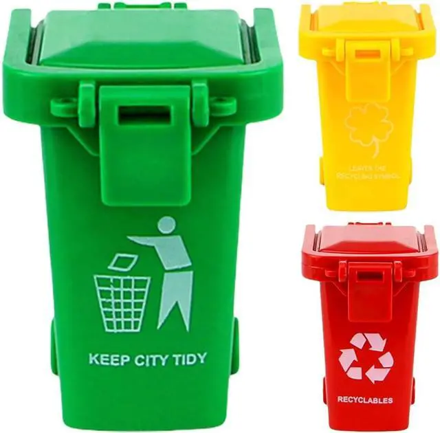 Main image of 3Pcs Colorful Tiny Recycle Bin for Desk, Garbage Trash Pen Holder, Recycle Bin Pencil Holder, Miniature Garbage Truck's Trash Cans, Unique Small Trash Can Truck Toy with Lid Wheels, Decorations