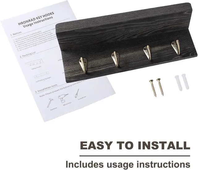 Alt view image 7 of 7 - HRONRAD Rustic Key Holder for Wall, Farmhouse Wall Shelf with 4 Hooks, Wall Mounted Key Racks, Wooden Mail Organizer with Hooks for Entryway (Black - Pine)