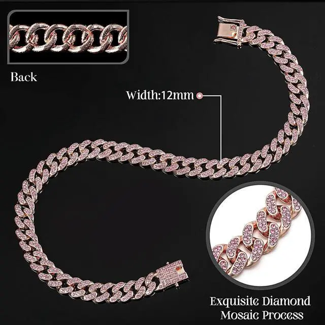 Alt view image 2 of 6 - LEIFIDE Cuban Link Dog Collar Chain 12mm,8 Inch,Rose Gold, Pink | Crystal Pet Necklace for Small Medium Large Cat Dogs, Metal Secure Clasp, Fashion Jewelry Style, Great Chain Gift for Pets