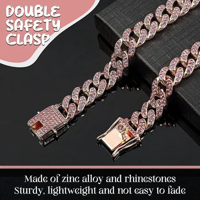 Alt view image 3 of 6 - LEIFIDE Cuban Link Dog Collar Chain 12mm,8 Inch,Rose Gold, Pink | Crystal Pet Necklace for Small Medium Large Cat Dogs, Metal Secure Clasp, Fashion Jewelry Style, Great Chain Gift for Pets