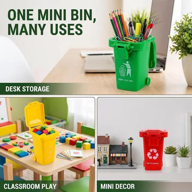 Alt view image 5 of 7 - 3Pcs Colorful Tiny Recycle Bin for Desk, Garbage Trash Pen Holder, Recycle Bin Pencil Holder, Miniature Garbage Truck's Trash Cans, Unique Small Trash Can Truck Toy with Lid Wheels, Decorations