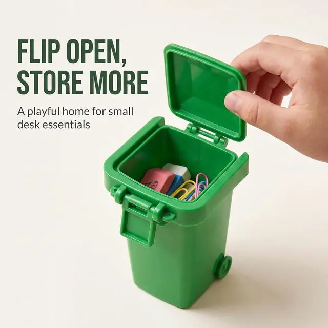 Alt view image 7 of 7 - 3Pcs Colorful Tiny Recycle Bin for Desk, Garbage Trash Pen Holder, Recycle Bin Pencil Holder, Miniature Garbage Truck's Trash Cans, Unique Small Trash Can Truck Toy with Lid Wheels, Decorations