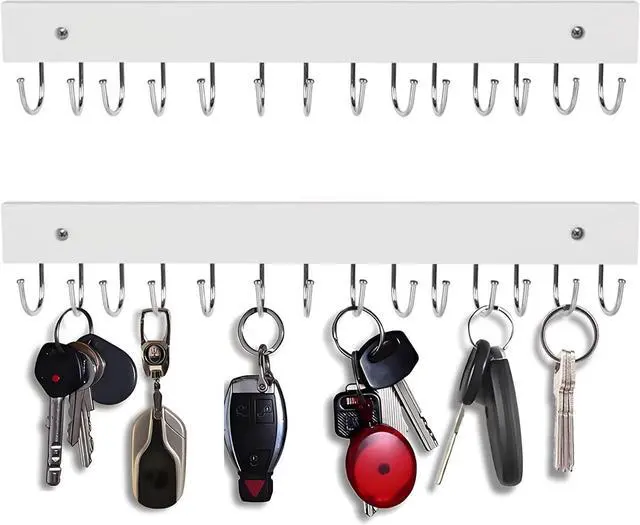 Main image of 2-Pack Key Holder Wall Mount, 14.6"Key Rack with 28 Rotating Metal Hooks | Natural wood wall key hanger, 28 rotating metal hooks, for entryway, hallway, apartment decor, space-saving, white