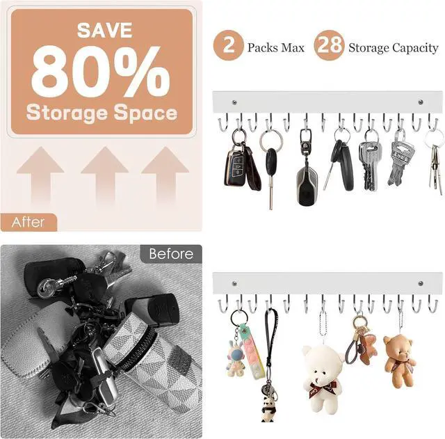 Alt view image 3 of 7 - 2-Pack Key Holder Wall Mount, 14.6"Key Rack with 28 Rotating Metal Hooks | Natural wood wall key hanger, 28 rotating metal hooks, for entryway, hallway, apartment decor, space-saving, white