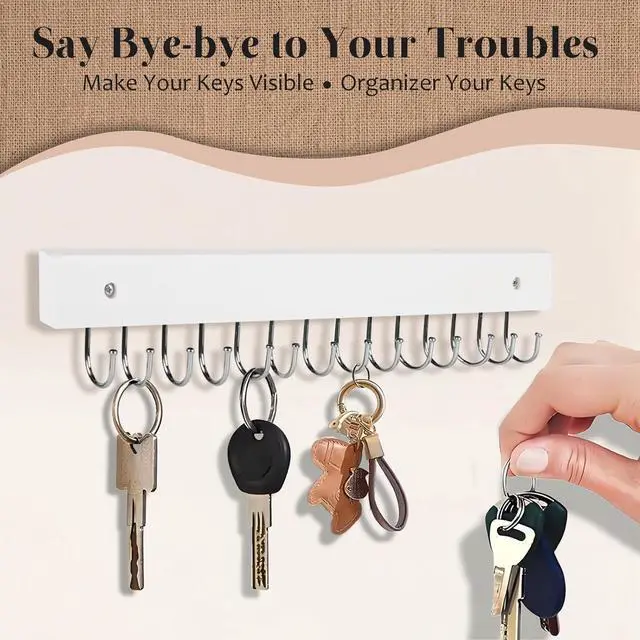 Alt view image 4 of 7 - 2-Pack Key Holder Wall Mount, 14.6"Key Rack with 28 Rotating Metal Hooks | Natural wood wall key hanger, 28 rotating metal hooks, for entryway, hallway, apartment decor, space-saving, white