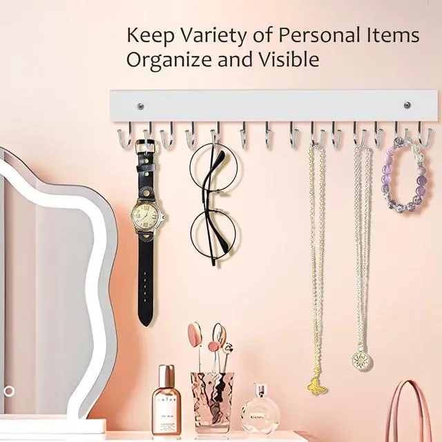 Alt view image 5 of 7 - 2-Pack Key Holder Wall Mount, 14.6"Key Rack with 28 Rotating Metal Hooks | Natural wood wall key hanger, 28 rotating metal hooks, for entryway, hallway, apartment decor, space-saving, white