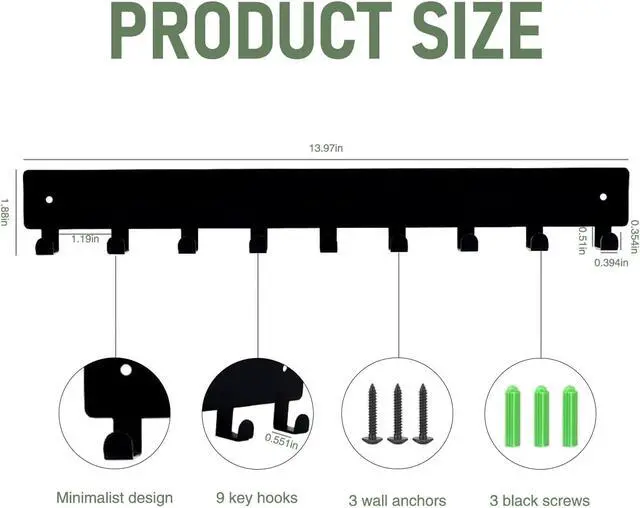 Alt view image 2 of 5 - Key Holder Wall Mounted with 9 Hooks, Metal Key Organizer Rack, Black Key Hanger for Entryway, Kitchen, Living Room, Office, Doorway Decor (14 Inches)