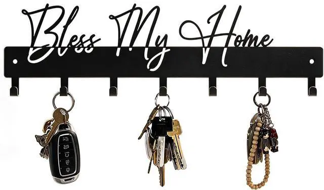 Main image of Exquisite Fashion Phrase Key Holder Wall Mount,Bless My Home Key Hooks for Wall Decoration,Black Metal Key Hanger with 7 Hooks for Entryway,Office,Living Room Decor