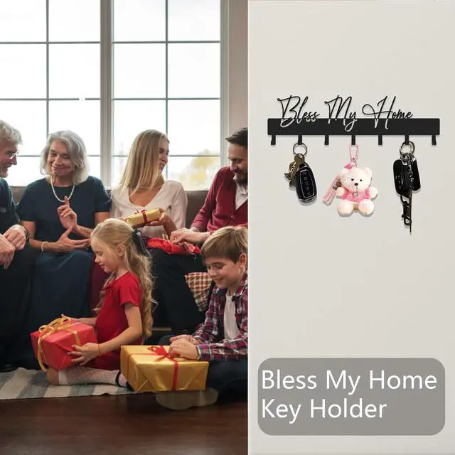 Alt view image 2 of 7 - Exquisite Fashion Phrase Key Holder Wall Mount,Bless My Home Key Hooks for Wall Decoration,Black Metal Key Hanger with 7 Hooks for Entryway,Office,Living Room Decor