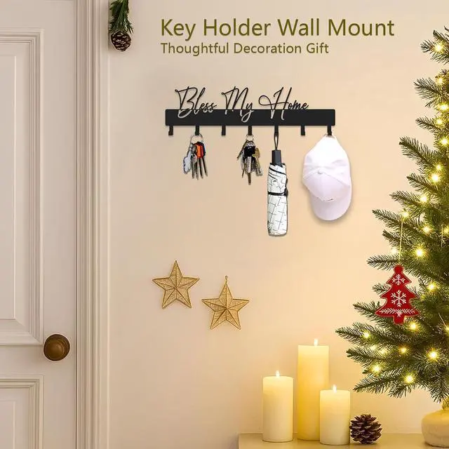 Alt view image 4 of 7 - Exquisite Fashion Phrase Key Holder Wall Mount,Bless My Home Key Hooks for Wall Decoration,Black Metal Key Hanger with 7 Hooks for Entryway,Office,Living Room Decor