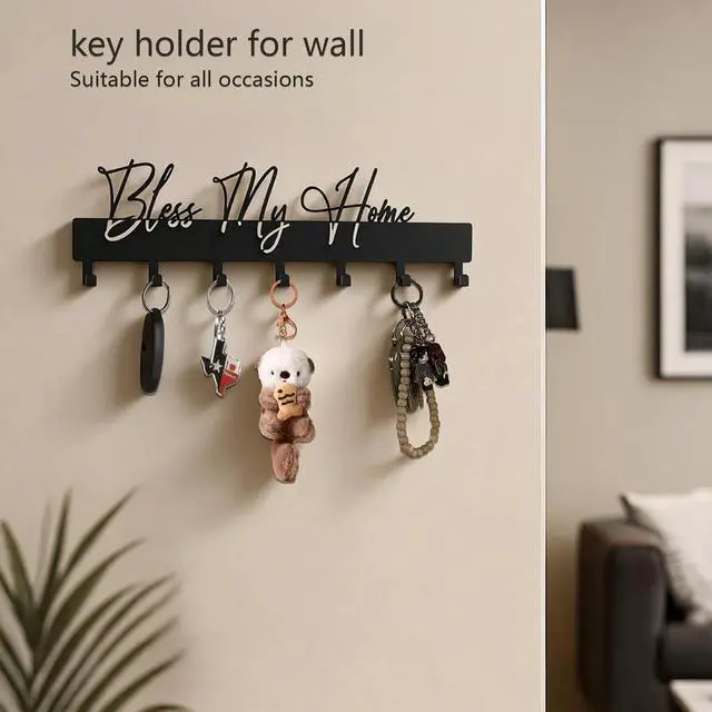 Alt view image 6 of 7 - Exquisite Fashion Phrase Key Holder Wall Mount,Bless My Home Key Hooks for Wall Decoration,Black Metal Key Hanger with 7 Hooks for Entryway,Office,Living Room Decor