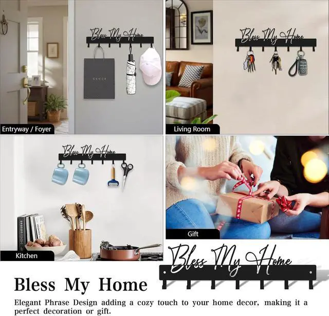 Alt view image 7 of 7 - Exquisite Fashion Phrase Key Holder Wall Mount,Bless My Home Key Hooks for Wall Decoration,Black Metal Key Hanger with 7 Hooks for Entryway,Office,Living Room Decor