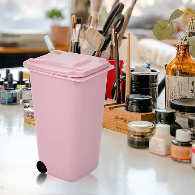 Alt view image 6 of 7 - Mini Trash Can with Lid Swing Top Small Trash Can Pen Holder for Car Bedroom Office Desktop 22 Fl Oz (2 Pcs Pink and Green)