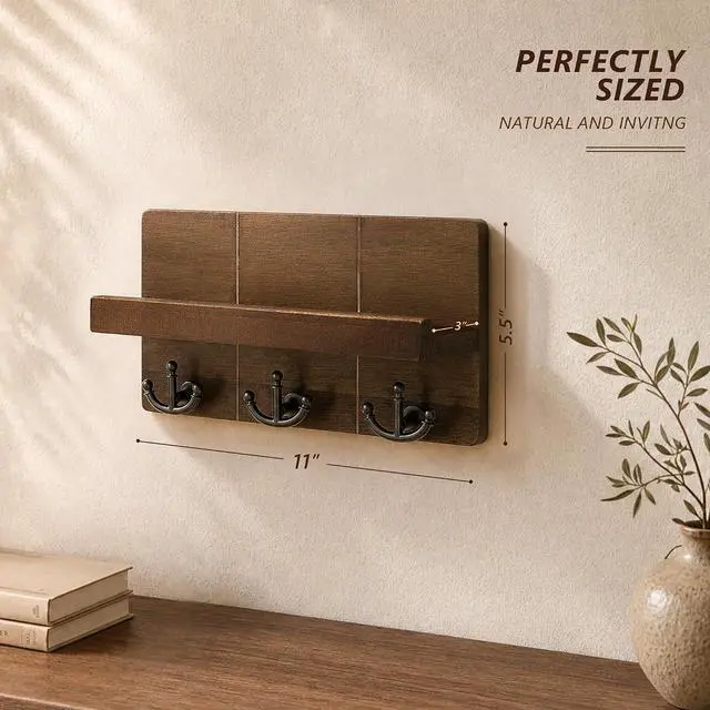 Alt view image 2 of 6 - Rebee Vision Key Holder Wall Mount with 3 Hooks for Entryway, Retro Brown | Key Holder for Wall, Floating Shelf, Plant Display, Mail Organizer, Anchor Key Hanger, Rustic Storage, Decorative Home Decor