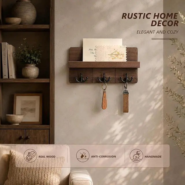 Alt view image 3 of 6 - Rebee Vision Key Holder Wall Mount with 3 Hooks for Entryway, Retro Brown | Key Holder for Wall, Floating Shelf, Plant Display, Mail Organizer, Anchor Key Hanger, Rustic Storage, Decorative Home Decor