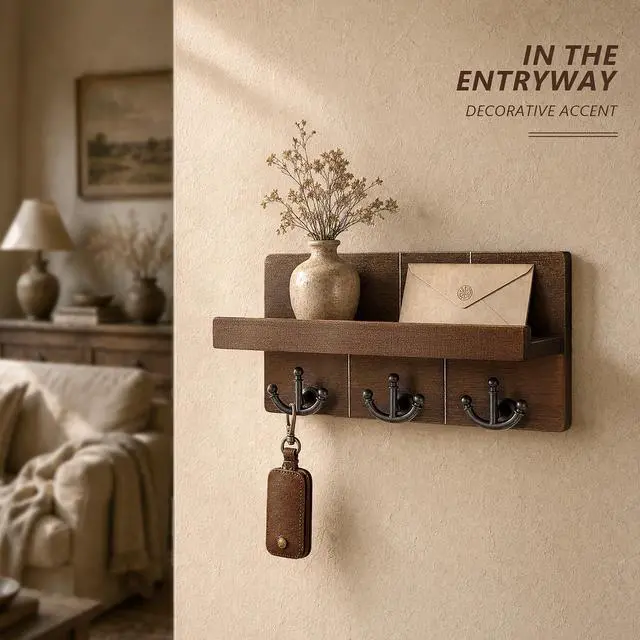 Alt view image 4 of 6 - Rebee Vision Key Holder Wall Mount with 3 Hooks for Entryway, Retro Brown | Key Holder for Wall, Floating Shelf, Plant Display, Mail Organizer, Anchor Key Hanger, Rustic Storage, Decorative Home Decor