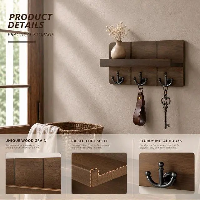 Alt view image 6 of 6 - Rebee Vision Key Holder Wall Mount with 3 Hooks for Entryway, Retro Brown | Key Holder for Wall, Floating Shelf, Plant Display, Mail Organizer, Anchor Key Hanger, Rustic Storage, Decorative Home Decor