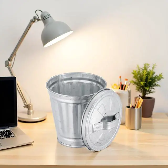 Alt view image 4 of 6 - Silver Mini Galvanized Trash Can with Lid (9.5X9X6.3CM), Metal Rubbish Bin, Flower Pot Pen Holder, Mini Wastebaskets Suit for Desk, Office, School, Dorm Room and Vanity