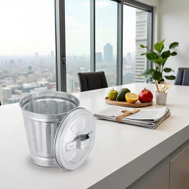 Alt view image 5 of 6 - Silver Mini Galvanized Trash Can with Lid (9.5X9X6.3CM), Metal Rubbish Bin, Flower Pot Pen Holder, Mini Wastebaskets Suit for Desk, Office, School, Dorm Room and Vanity