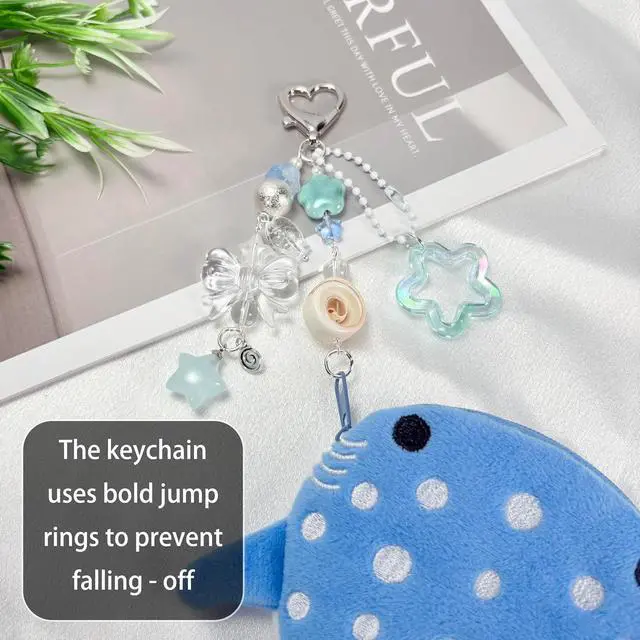 Alt view image 4 of 7 - Whale Shark Coin Purse Keychain,Cute Blue Plush Change Pouches Bag Charm | Kawaii Handmade Wallet with Zipper,Heart Star Butterfly Key Chain for Women Backpack