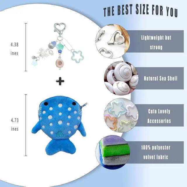 Alt view image 5 of 7 - Whale Shark Coin Purse Keychain,Cute Blue Plush Change Pouches Bag Charm | Kawaii Handmade Wallet with Zipper,Heart Star Butterfly Key Chain for Women Backpack