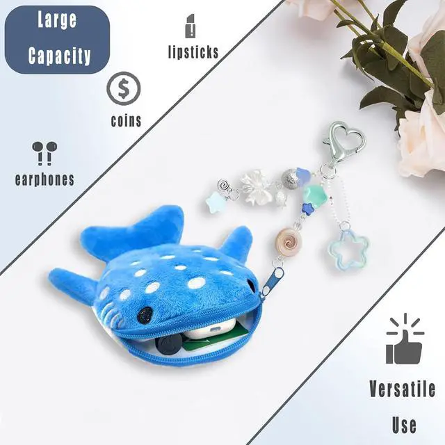 Alt view image 6 of 7 - Whale Shark Coin Purse Keychain,Cute Blue Plush Change Pouches Bag Charm | Kawaii Handmade Wallet with Zipper,Heart Star Butterfly Key Chain for Women Backpack